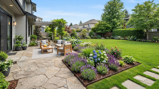 Manicured lawn bordered by neat planting beds